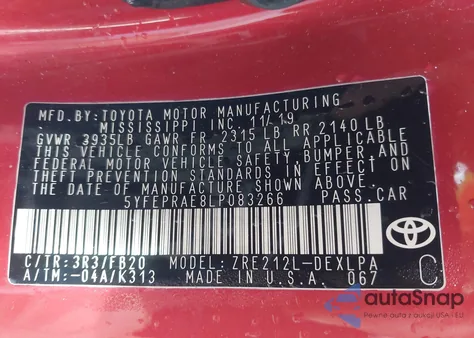 2020 Toyota Corolla Le z USA, uszkodzony, nr VIN 5YFEPRAE8LP083266